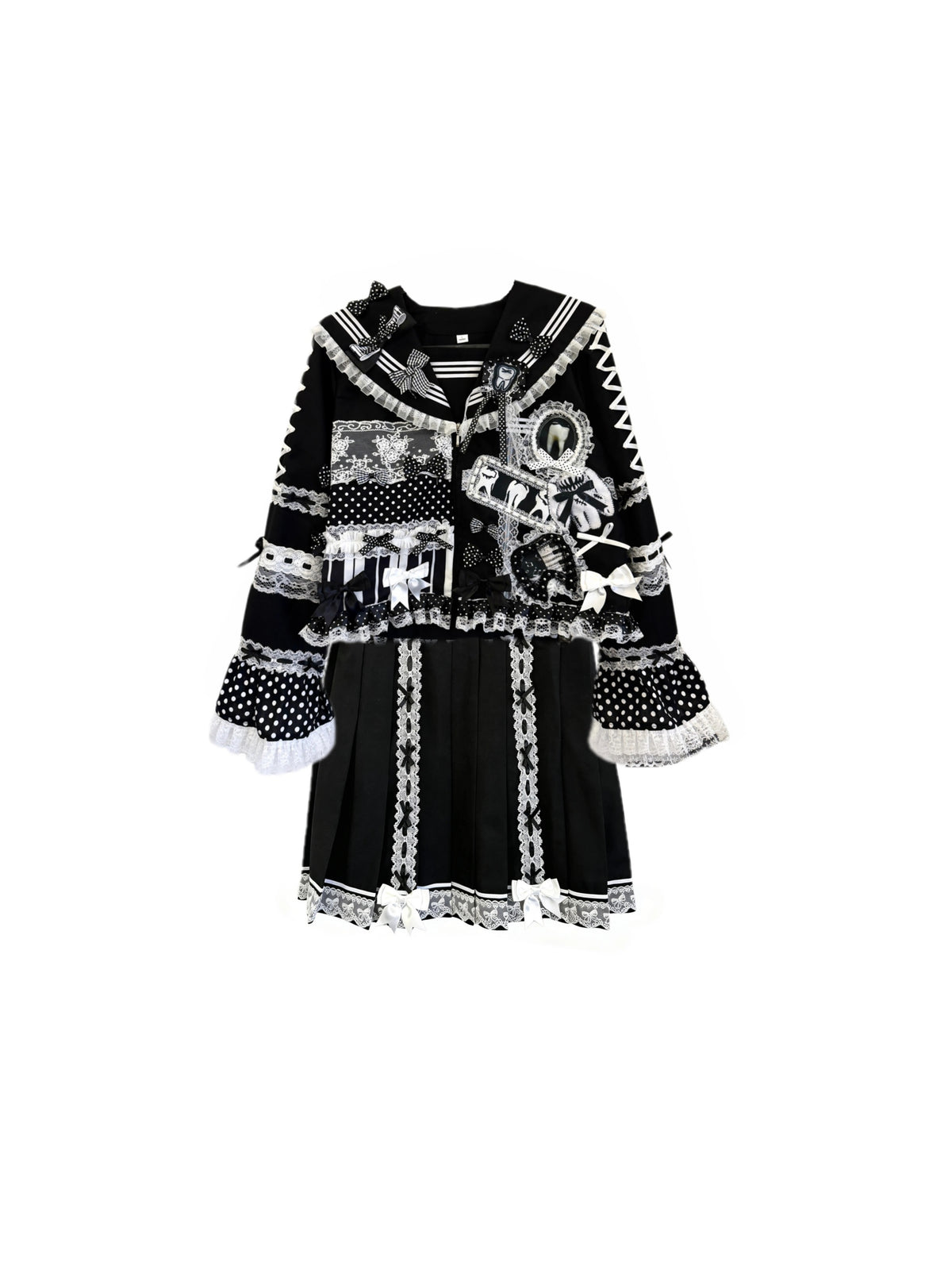 Red Devil - Black White Polka Dot Sailor Set shirt Red Devil Set(Top + Skirt) S