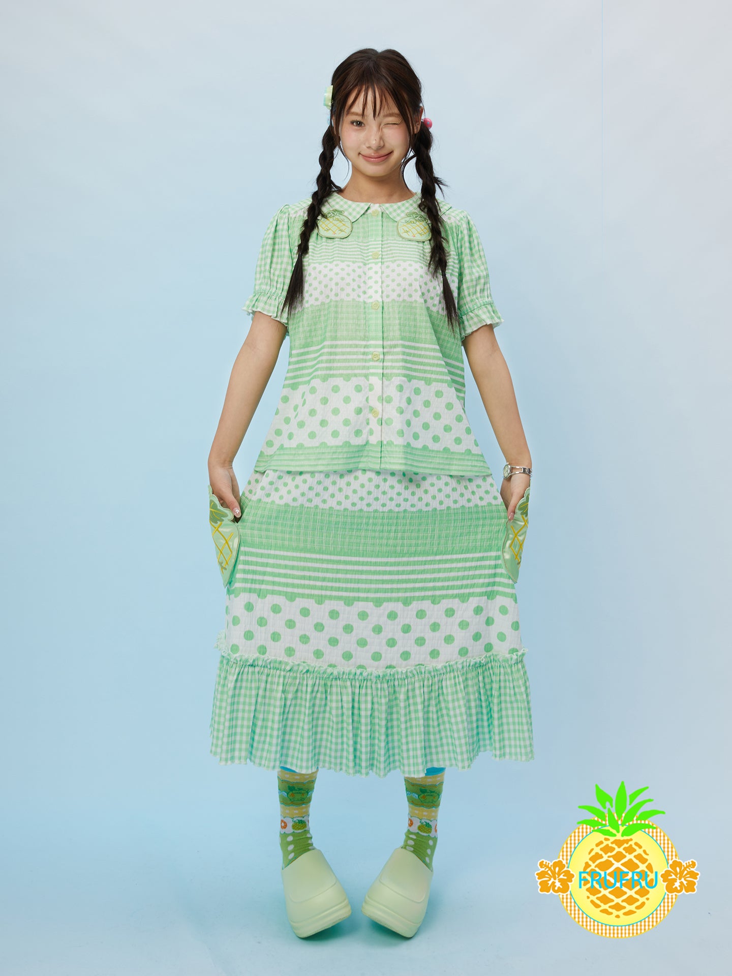 FruFru - Kawaii Melon Polka Dot Blouse & Skirt Set set frufru