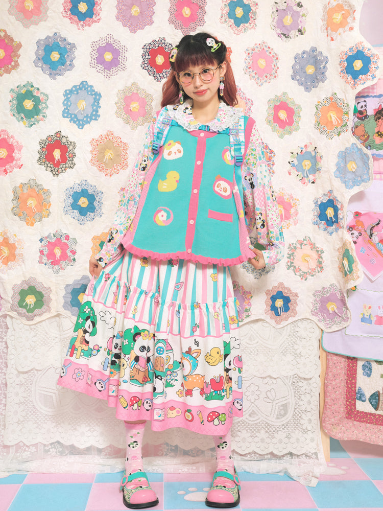 Lutra Jump Skirt Pink Green Striped Skirt Panda Cartoon Long Skirt skirt Lutra Jump