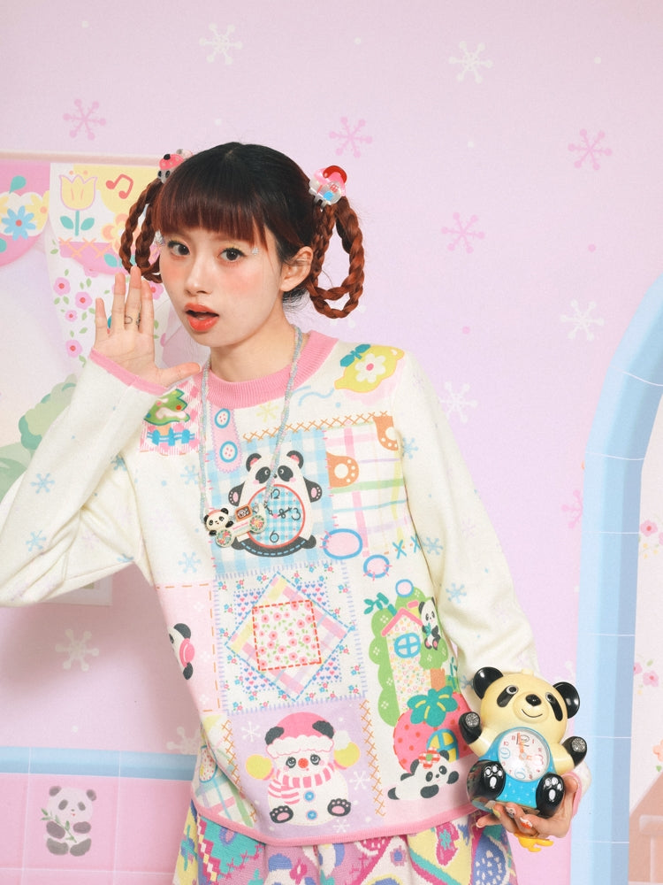Lutra Jump Sweater Panda Snowflake Sweater Cartoon Vintage Round Neck Base Layer sweater Lutra Jump