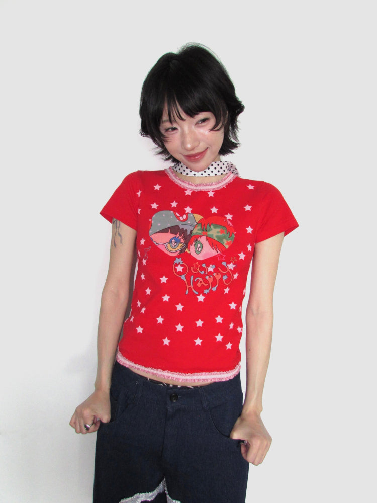 OurHappy Kawaii Harajuku Slim Fit Top | Lace Trim Cotton Print Tee tshirt Our Happy