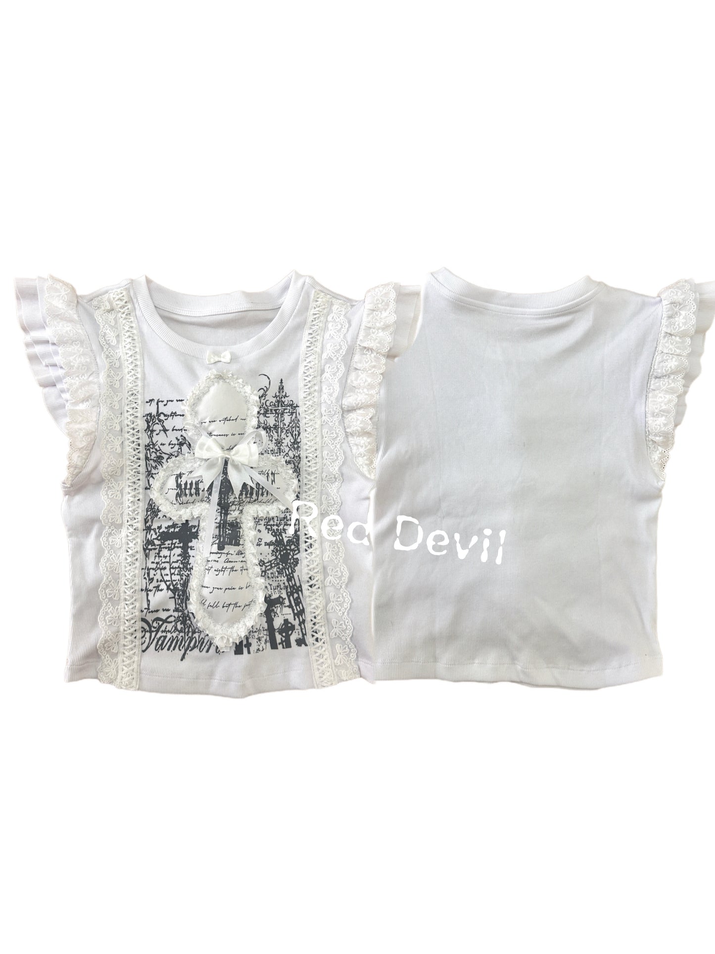 RedDevil – Y2K Cross Lace Tank Top with Flutter Sleeves shirt Red Devil
