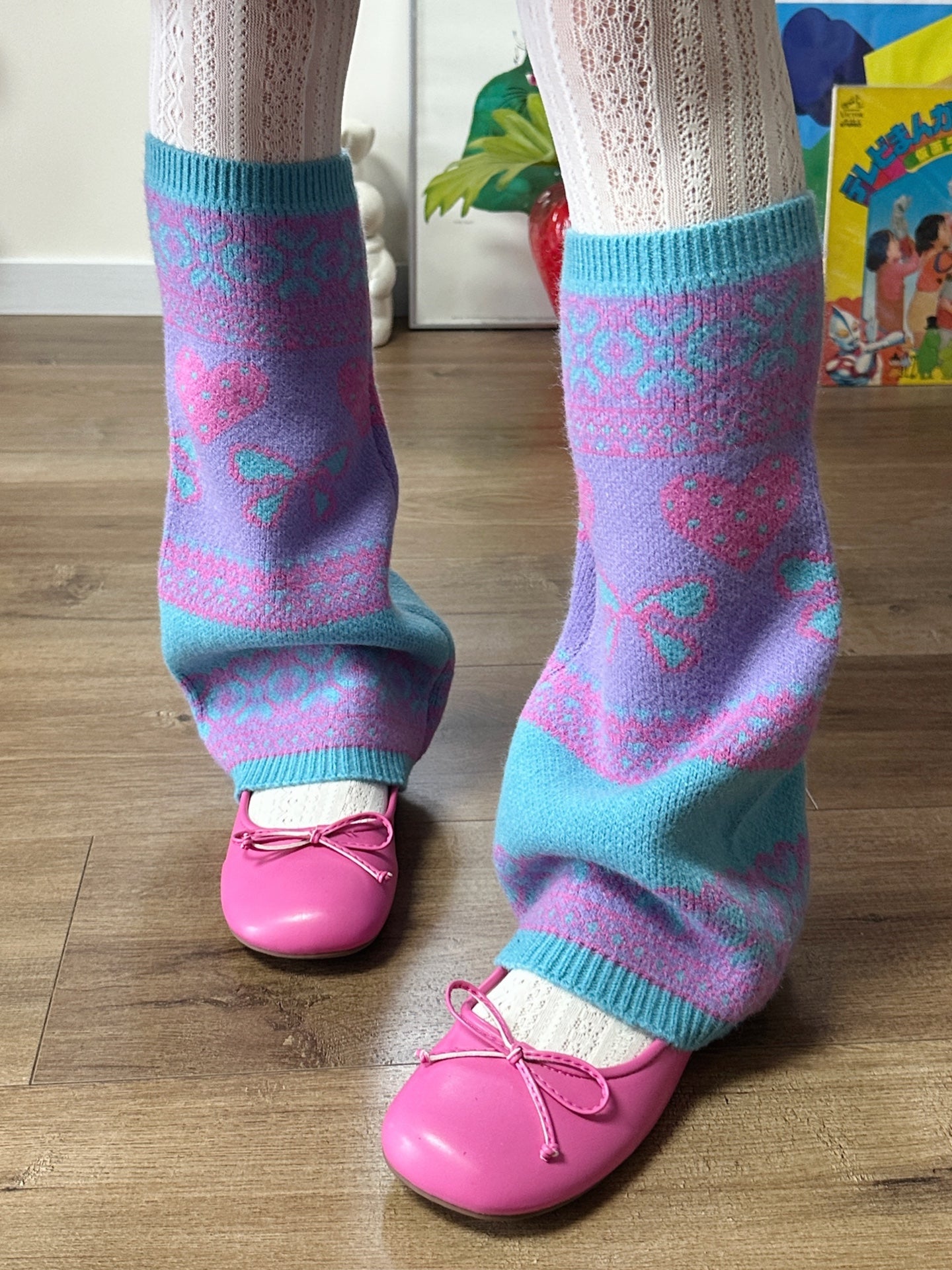 bunnybunnygun - Y2K Retro Soft Girl Heart Pattern Warm Leg Warmers leg warmmers bunnybunnygun