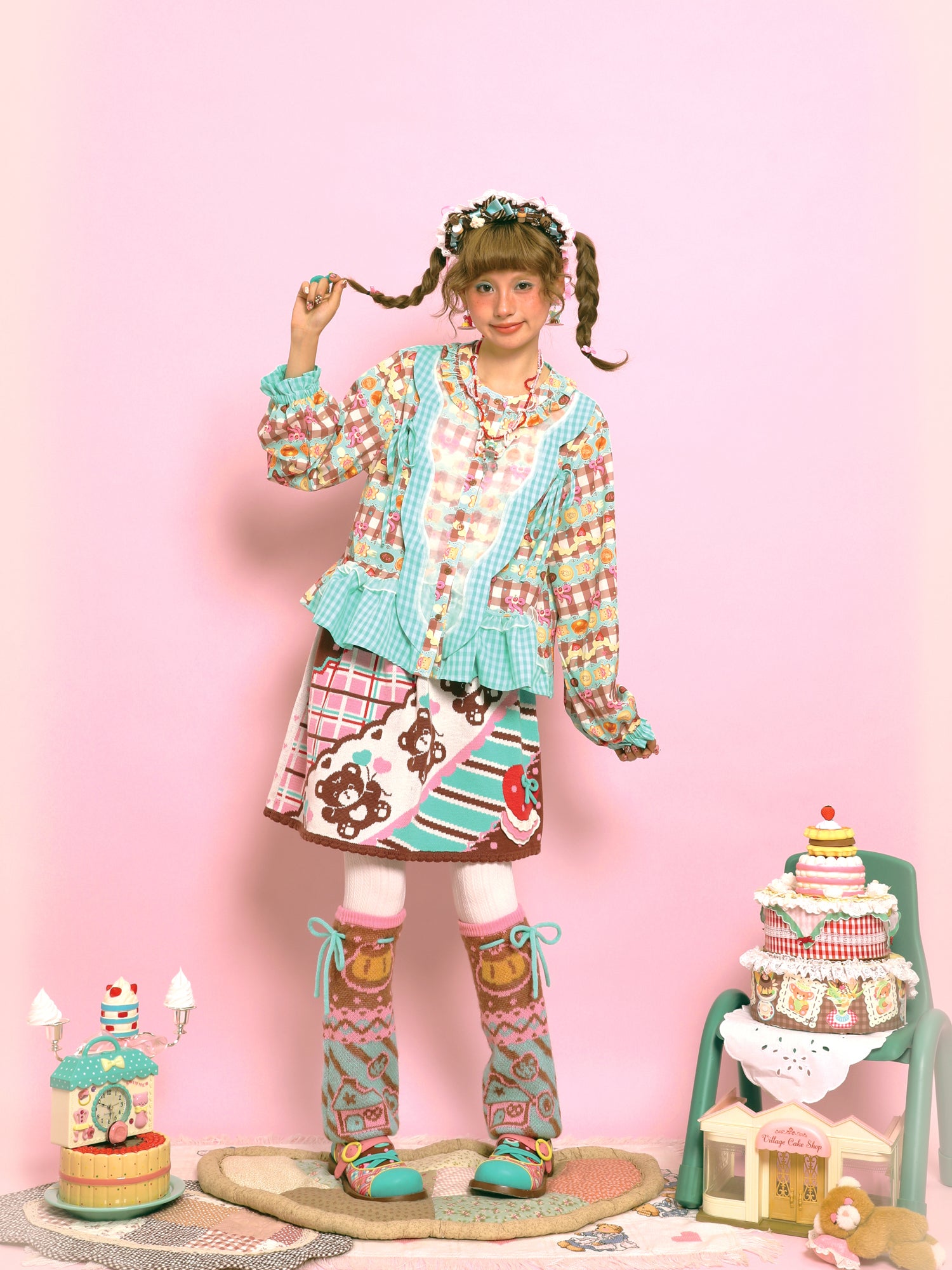 Lutra Jump - Kawaii Blouse Plaid Print Lace Ribbon Detail blouse Lutra Jump