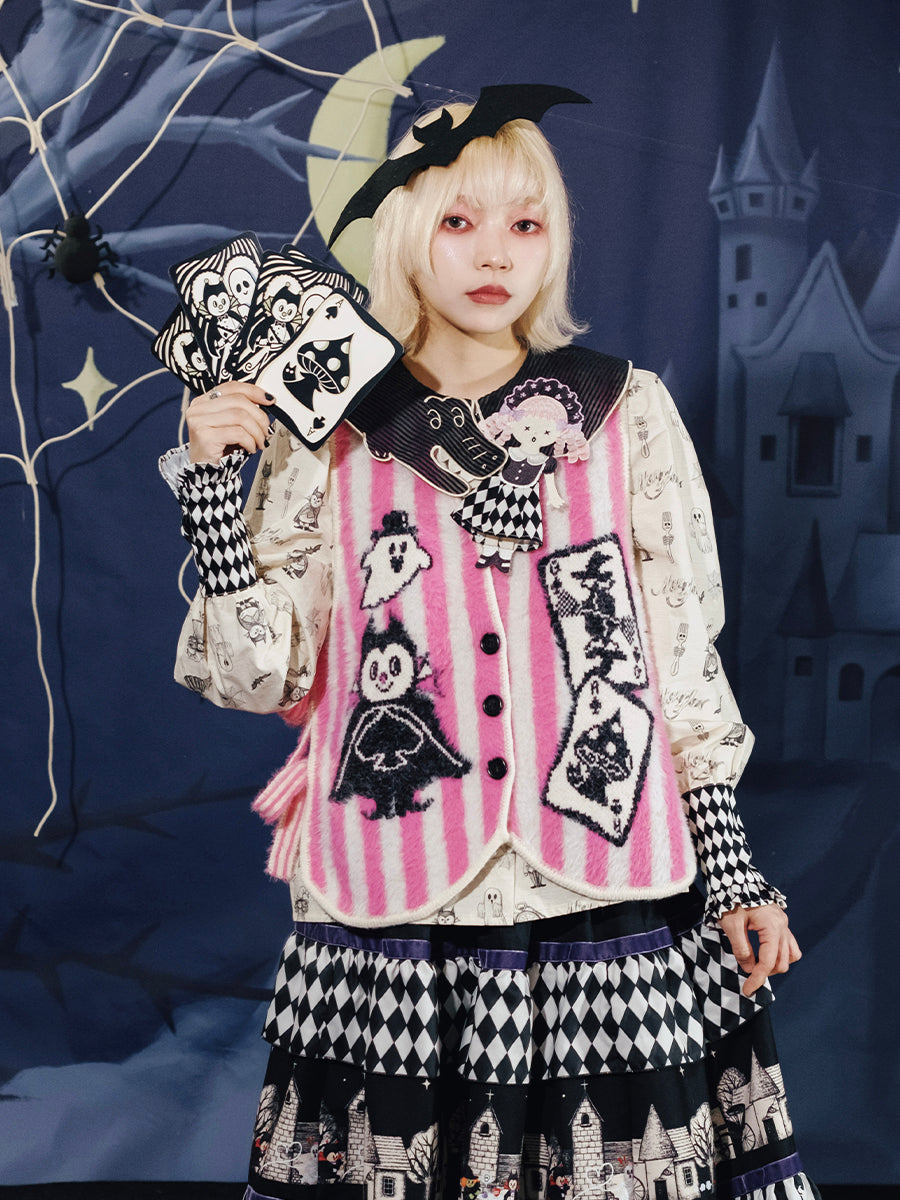 Harajuku Vest Poker Pattern Vest Pink-White Stripes Knitted Vest Dracula Ghost Pattern Vest vest Meugler