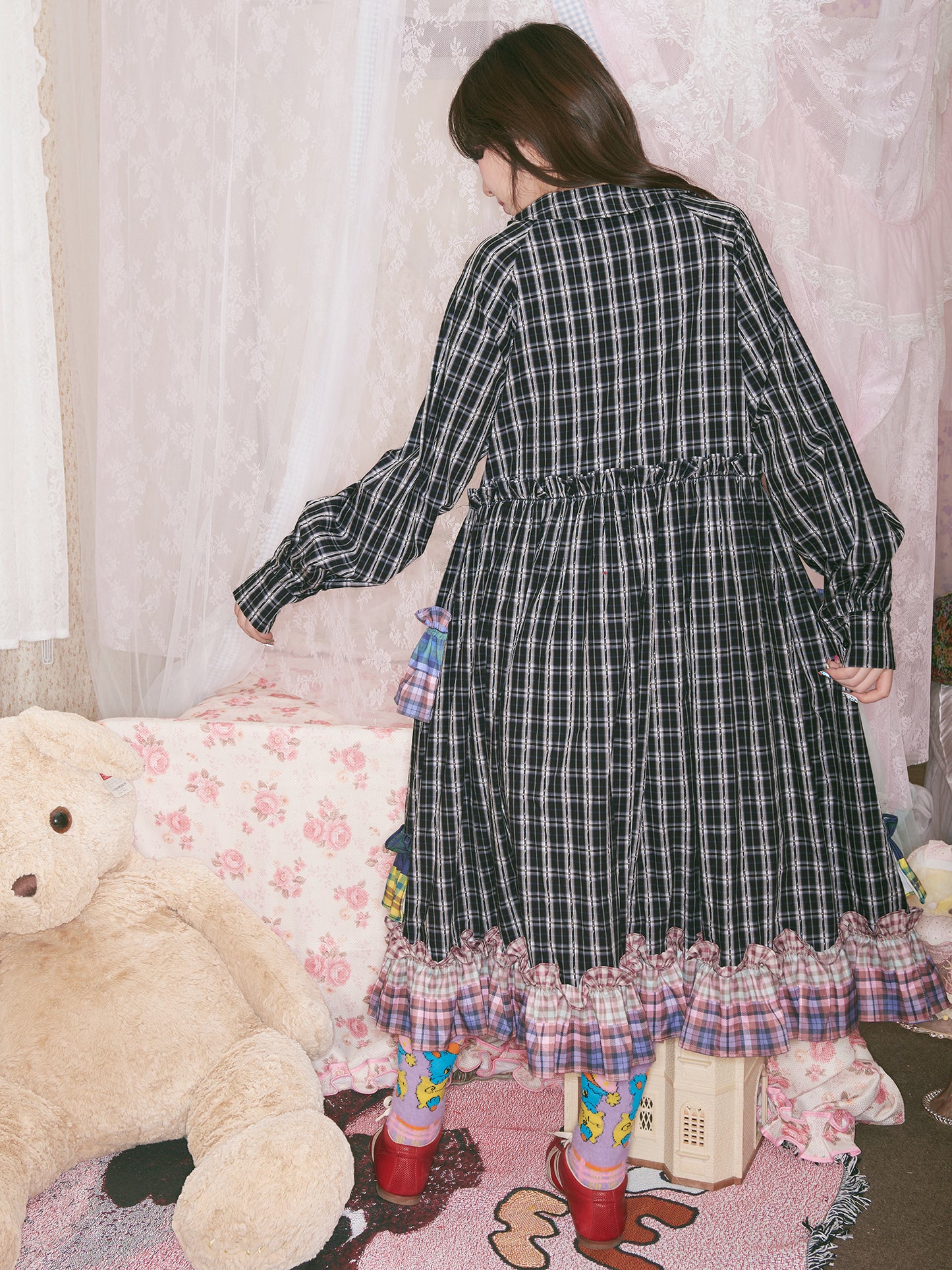 tntntutu - Dopamine Colorblock Plaid Dress Kawaii Ruffle Wave Hem Dress dress tntntutu