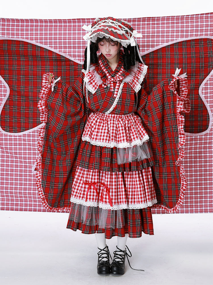 SOS MEME CLUB – Showa Red Plaid Modified Kimono Skirt skirt SOS MEME CLUB