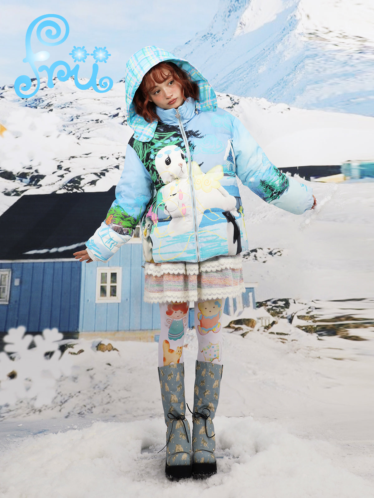 frufru Snow Farm Puffer Jacket | Harajuku Blue Snowman Down Coat