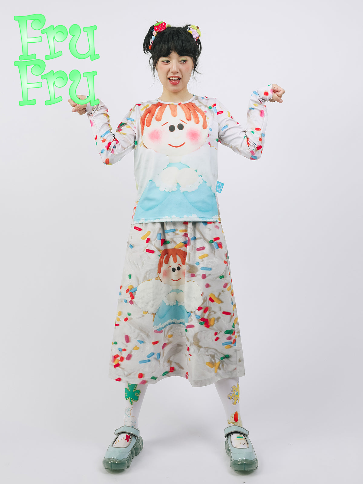frufru Angel Cookie A-line Skirt | Harajuku Cotton Printed Midi Skirt