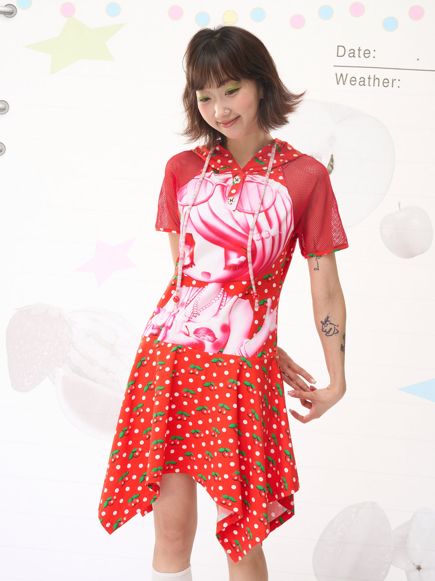 FRUITS Red Cherry Hoodie Dress | Cherry Dot Print & Mesh Sleeve Dress dress Fruits