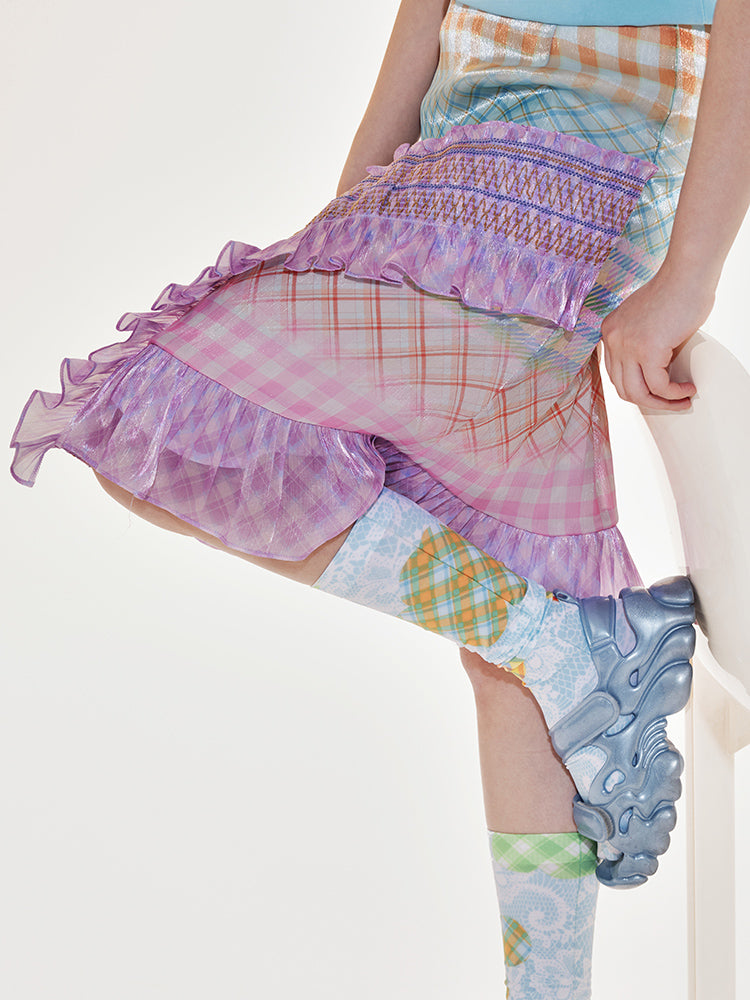 Tntntutu Skirt Gradient Plaid A-line Skirt Purple Color-Blocked Pleated Skirt skirt tntntutu