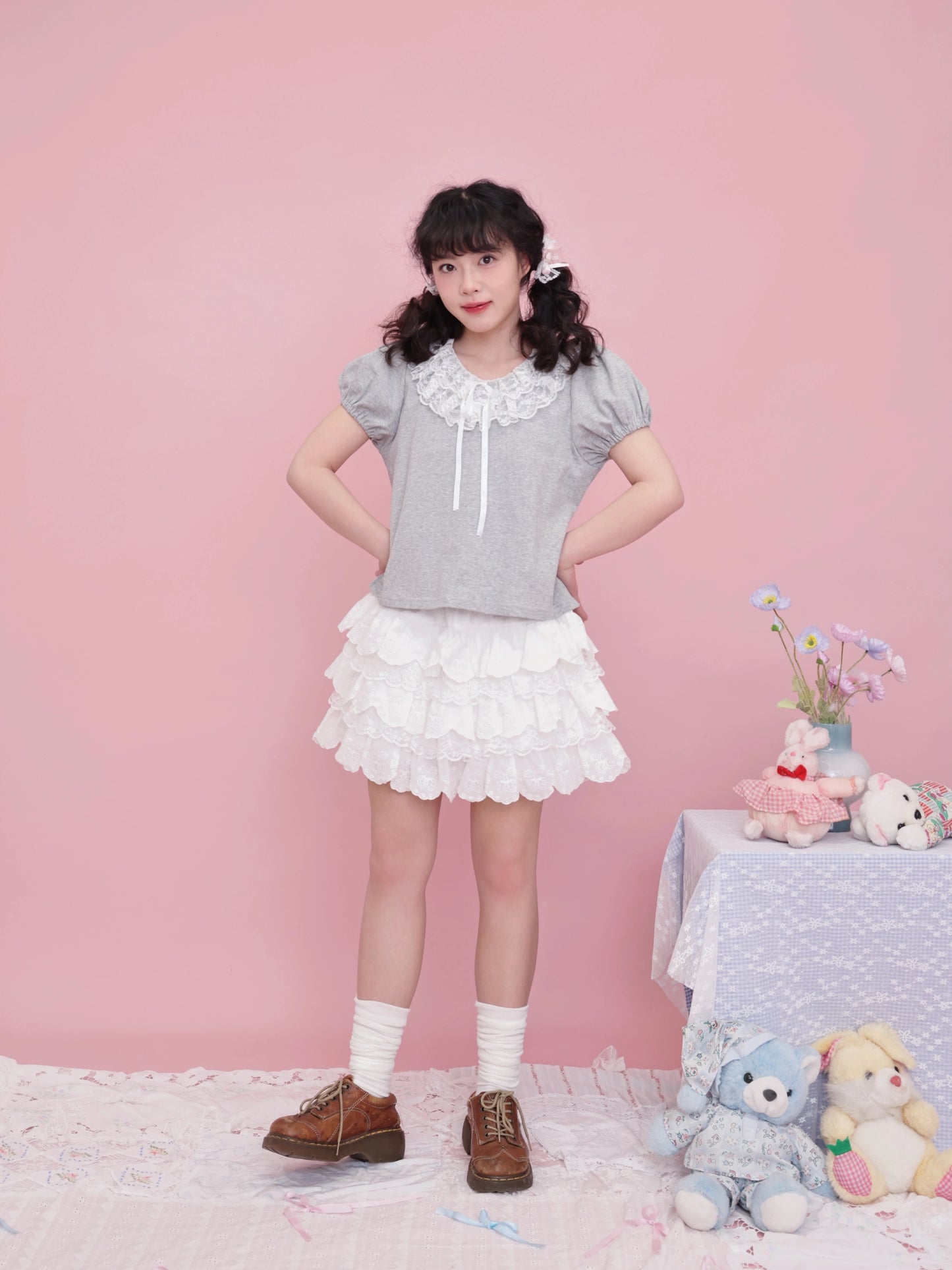 SemenCoicis Vintage Ruffle Collar Tee | Kawaii Puff Sleeve Cotton Top tshirt SemenCoicis