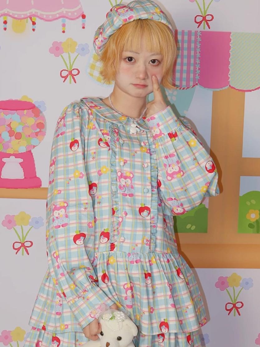 Kawaii Long-Sleeve Dress – Apple Mouse Print Loose Fit dress LULULULU