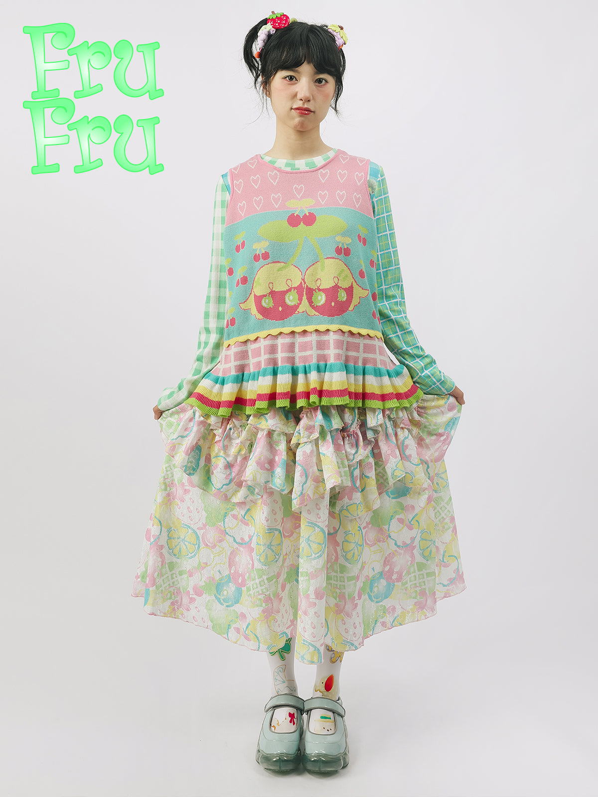frufru Harajuku Fruit Knit Vest | Reversible Pink & Green Cotton Top