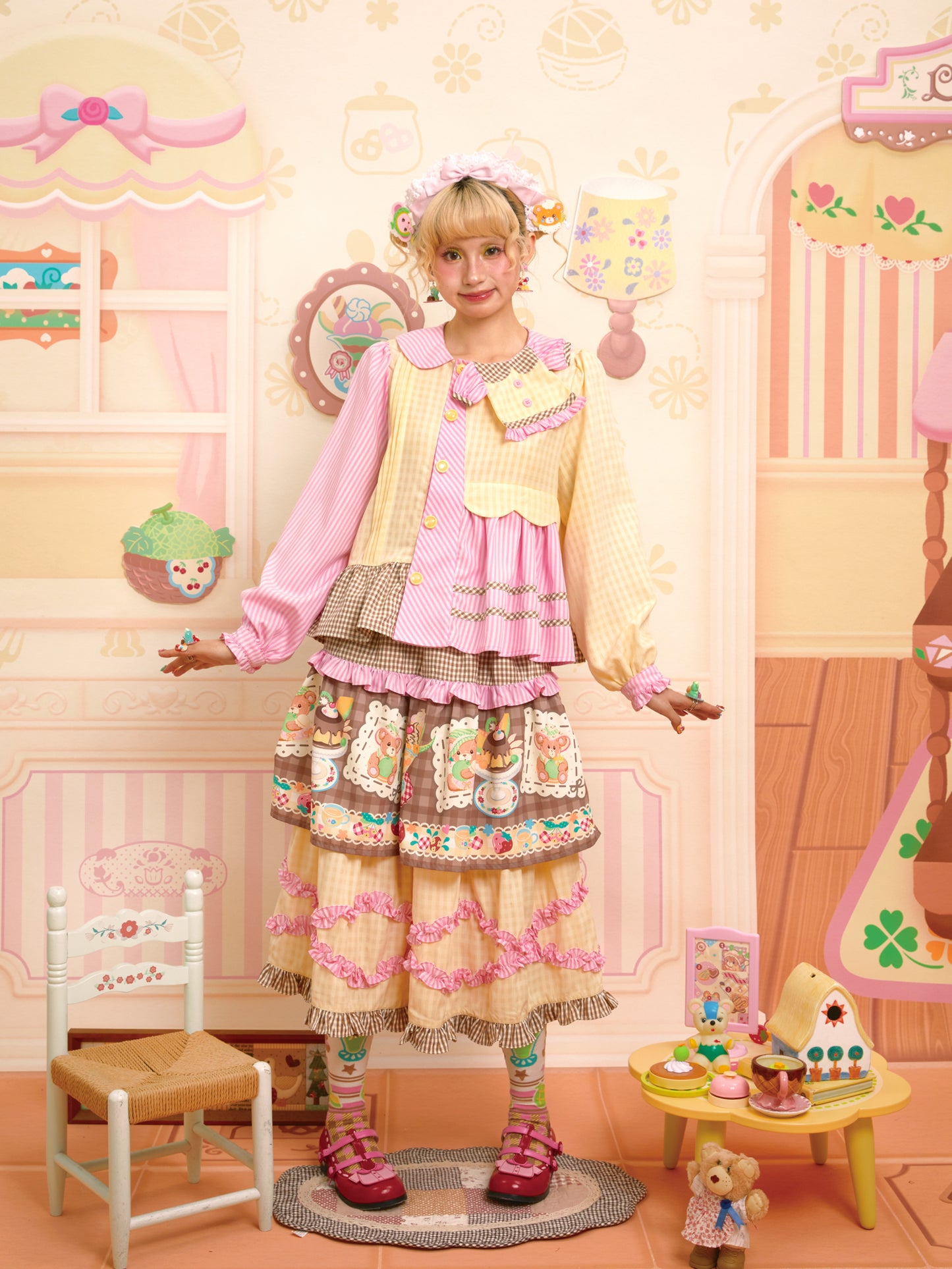 Lutra Jump - Decora Kei Pink Yellow Patchwork Shirt blouse Lutra Jump