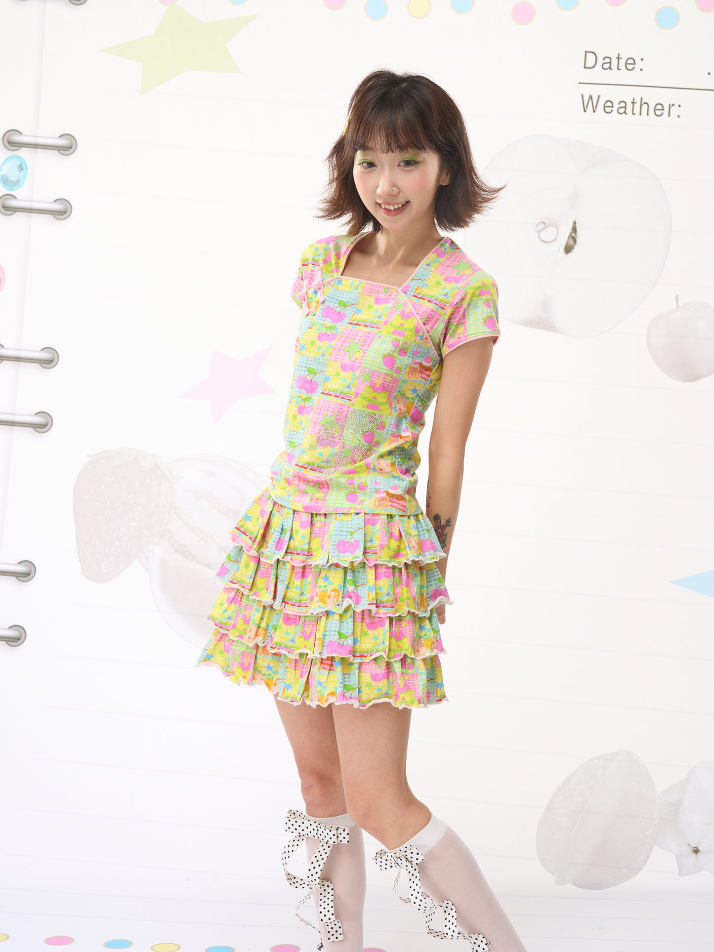 FRUITS Sweet Dream Illustrated Set | Chinese Knot Tee & Cake Skirt set Fruits