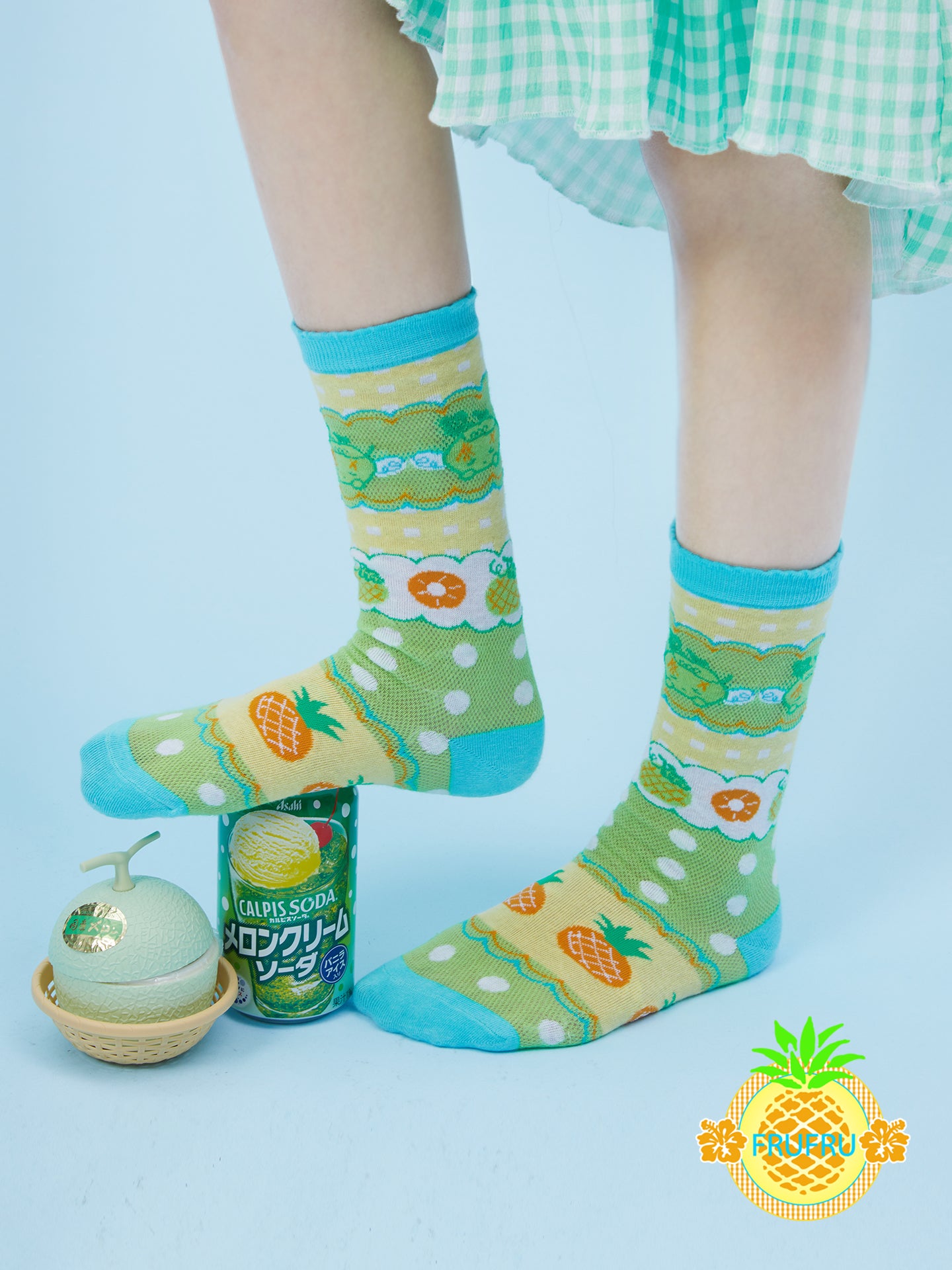 Frufru Cute Hami Melon Illustration Cotton Socks | Kawaii Fruit Print Ankle Socks sock frufru