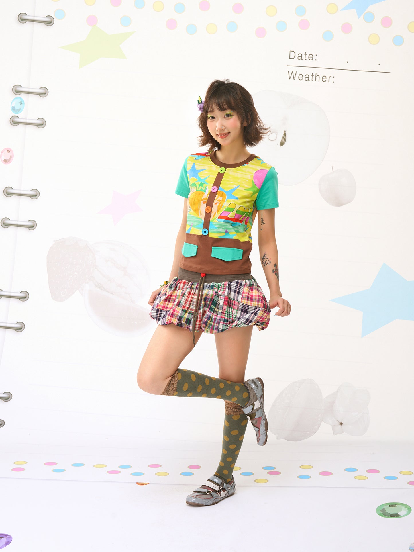 FRUITS Check‑Patchwork Skirt | Balloon Mini Skirt skirt Fruits