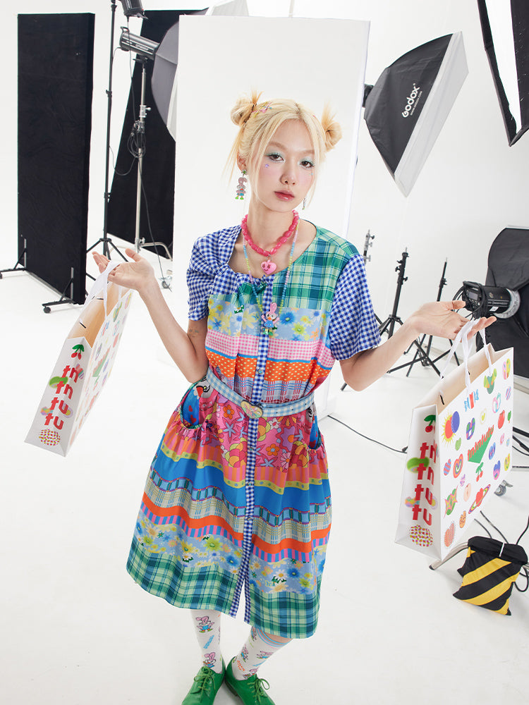Tntntutu Colorblock Dress | Floral and Checkered Print Dress | Bunny Applique Dress dress tntntutu