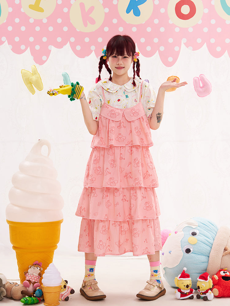 NIKKOU Pink Kawaii Adjustable Strap Jumper | Harajuku Angel Bunny Tiered Dress dress Nikkou home