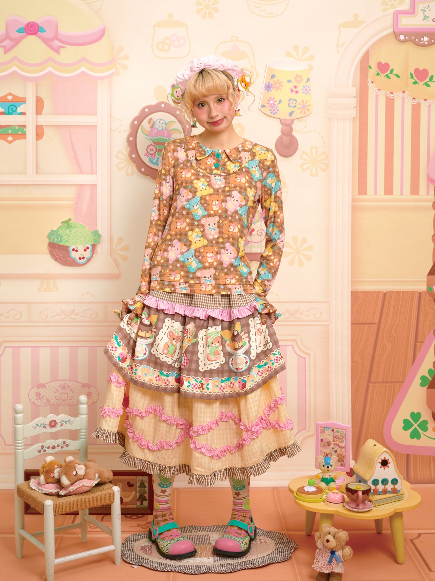 Lutra Jump - Decora Kei Bear Print Layered Long Sleeve Top shirt Lutra Jump