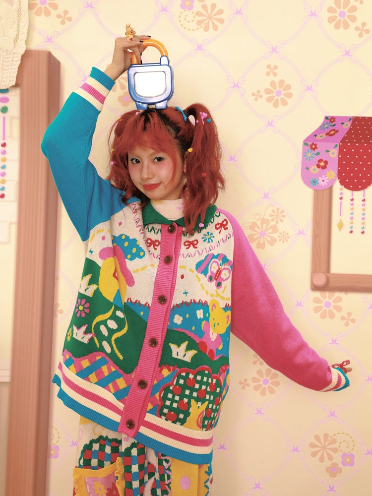 Lutra Jump Cardigan Cartoon Retro Cardigan Color-Blocked Collar Knitted Sweater cardigan Lutra Jump