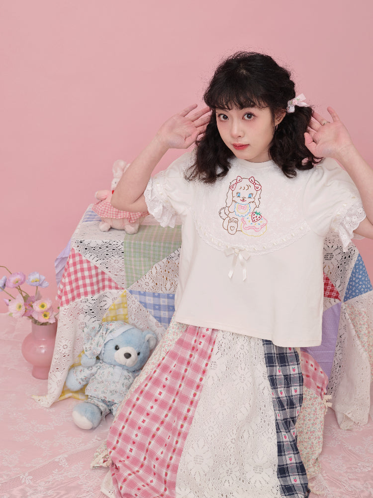SemenCoicis T-shirt Sweet Girl T-shirt Embroidered Ribbon T-shirt tshirt SemenCoicis