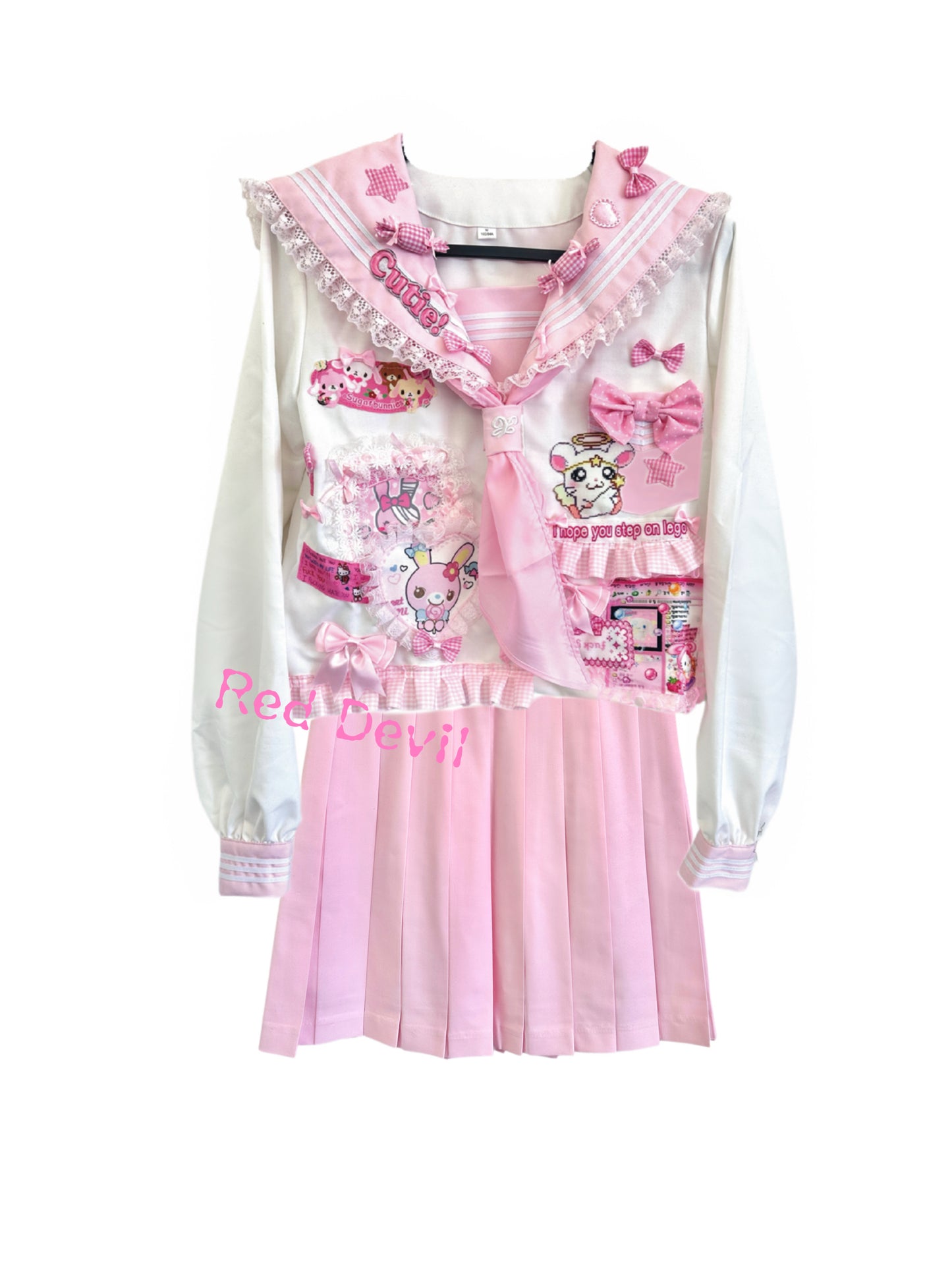 Red Devil Set Decora Kei Jacket Skirt Harajuku Lace Bow Sailor Set set Red Devil Top & Skirt Set S