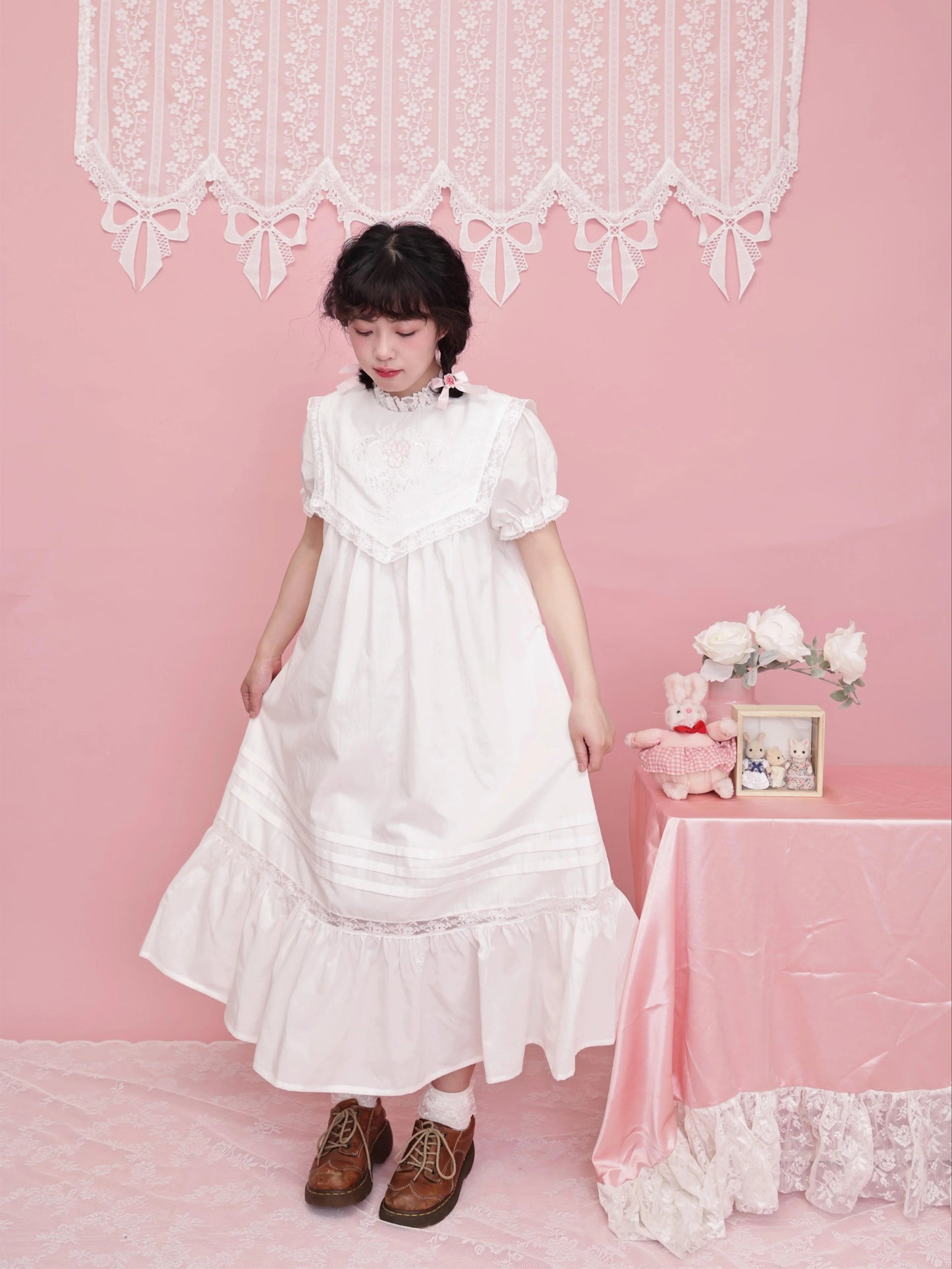 SemenCoicis - Vintage Floral Embroidered Pleated White Dress Retro Girl Style dress SemenCoicis