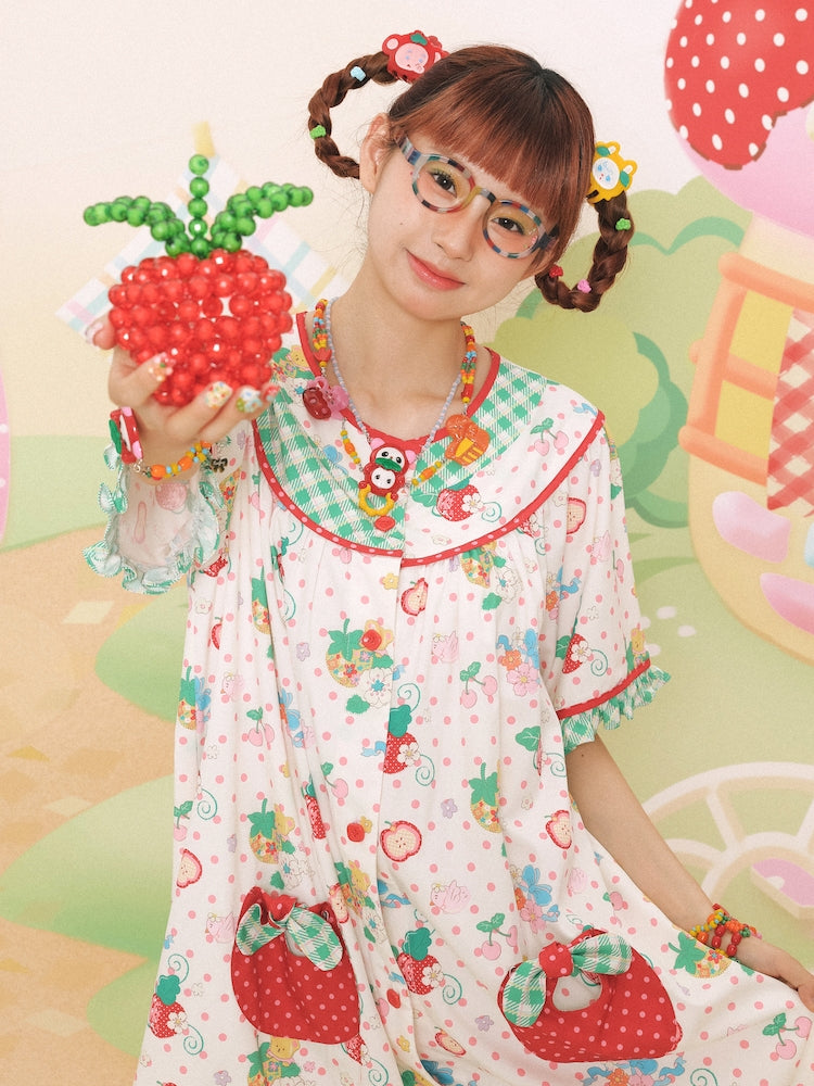 Lutra Jump Dress Strawberry Bear Dress Green Plaid Loose-Fit Dress dress Lutra Jump