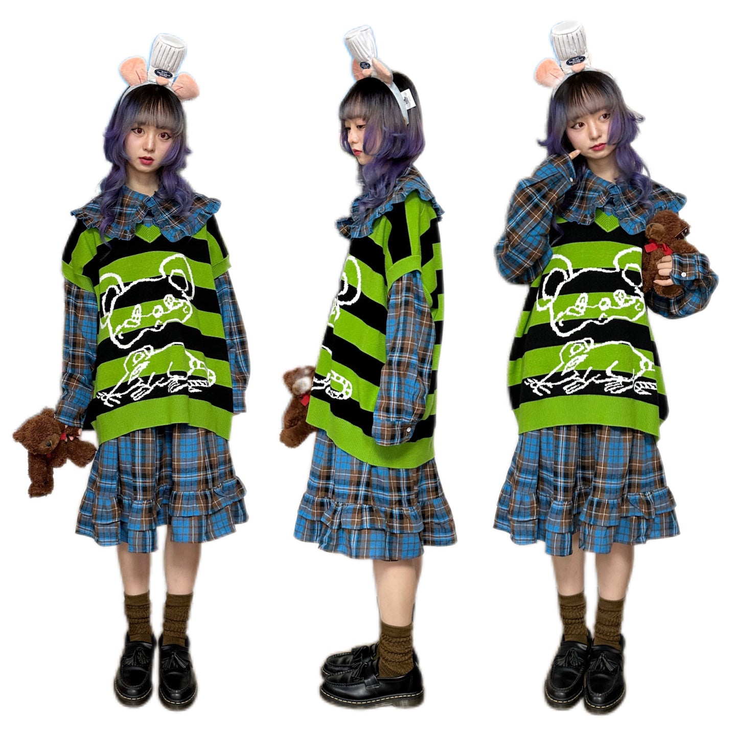 bunnybunnygun - Decora Kei Striped Knit Vest Oversized Sweet Cool vest bunnybunnygun
