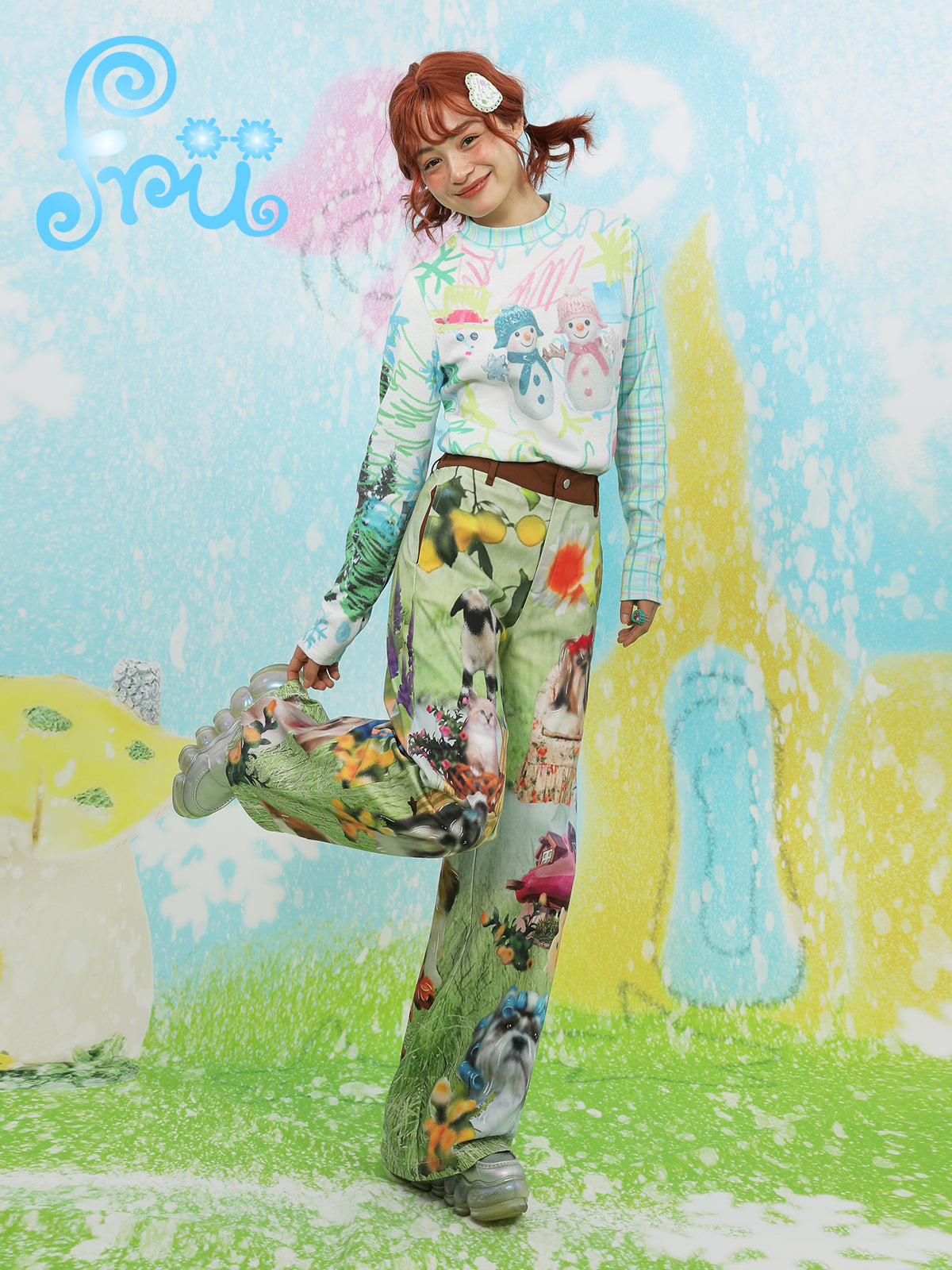 frufru Green Dog Print Pants | Wide-Leg Casual Pants | Cotton Vintage Pants pants frufru