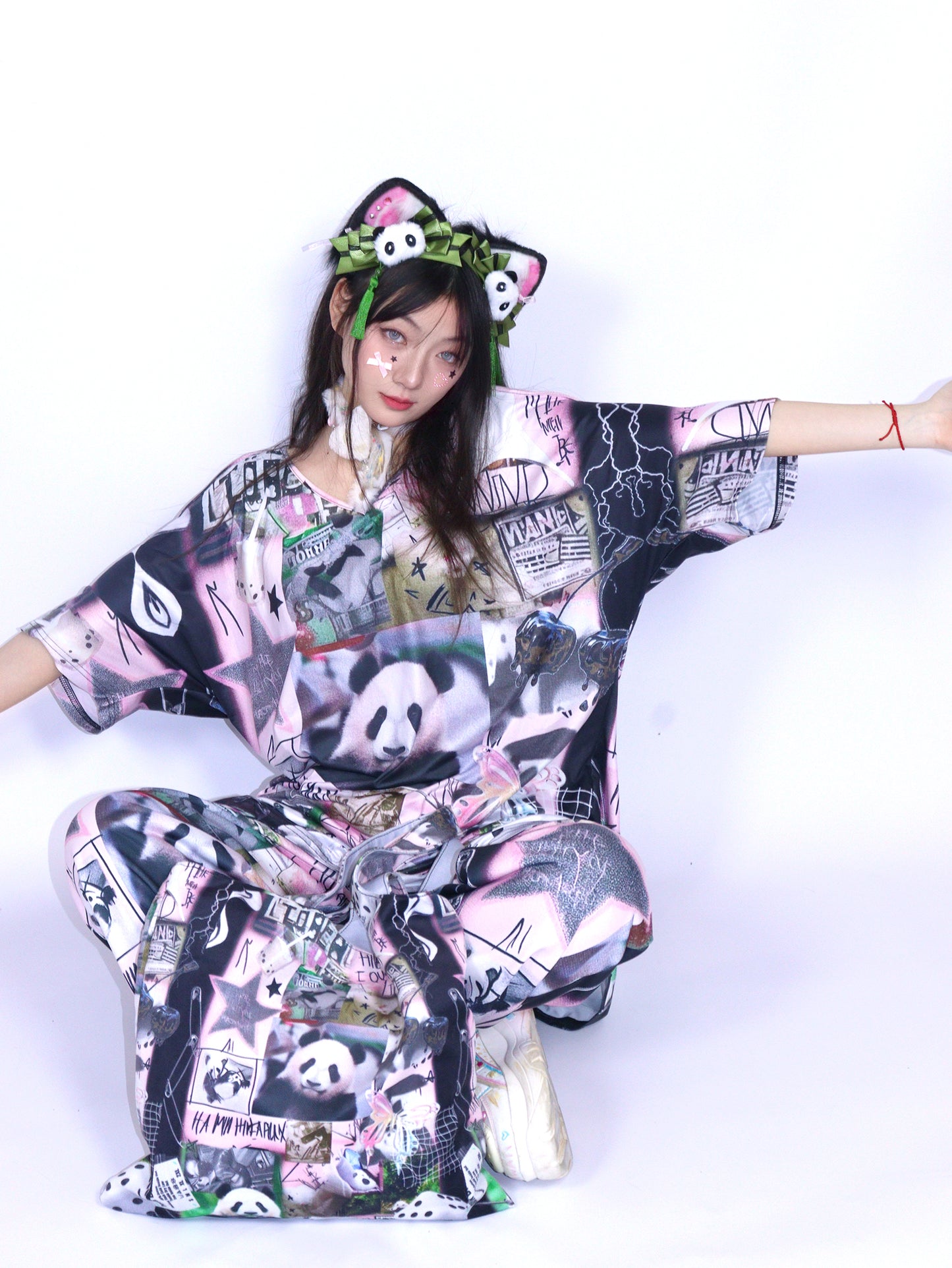 LEERROO - Y2K Panda Print Cold Shoulder Top shirt Leerroo