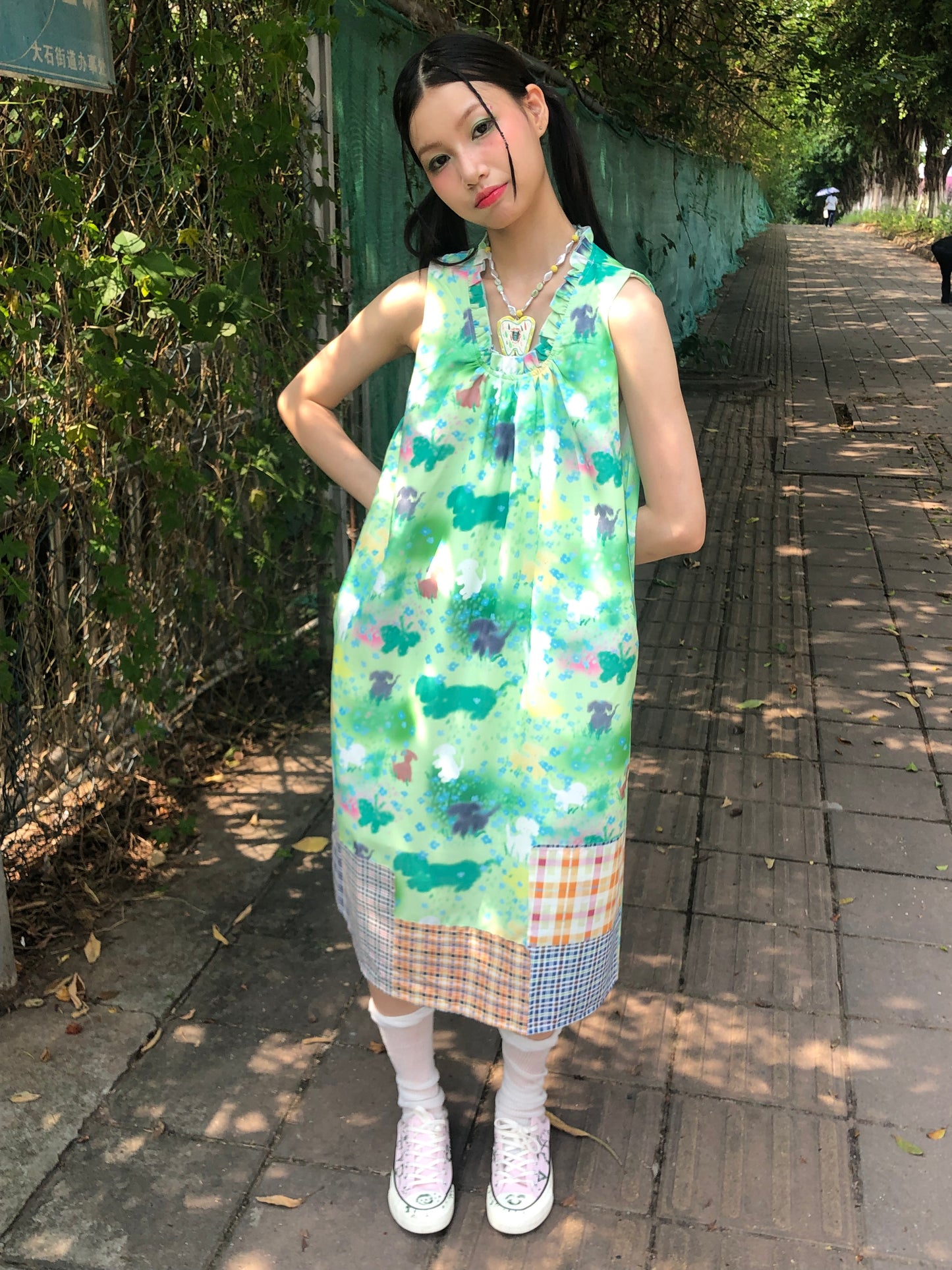 Harajuku Dress Green Sleeveless Dress Hand-painted Print Dress dress Moon Meadow