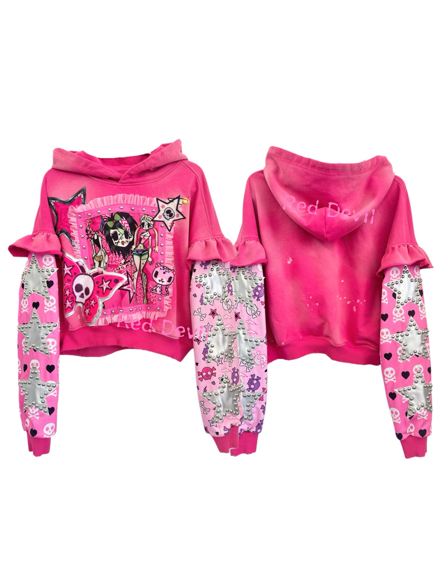 Red Devil Hoodie Decora Kei Hoodie Pink Distressed Hood Ruffle Sleeve Sweatshirt hoodie Red Devil