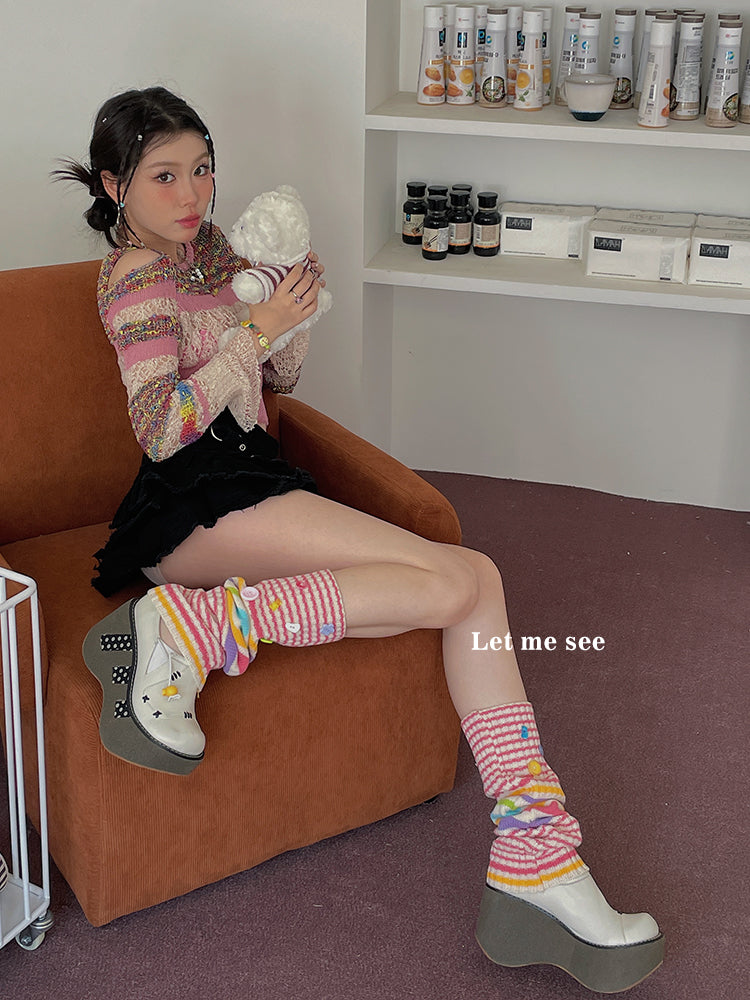 LET ME SEE Colorful Striped Leg Warmers | Contrast Knit Yarn Leg Covers leg warmmers let me see