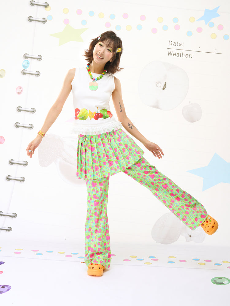 FRUITS Strawberry‑Art Pleated Skort | Decora Green Pants pants Fruits