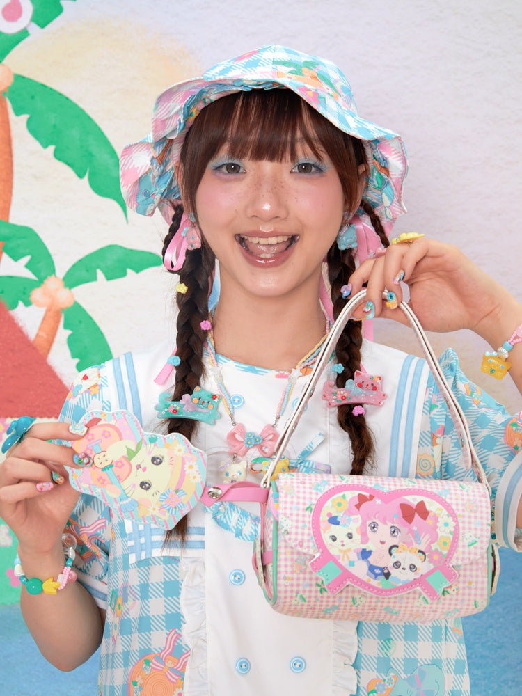 Lutra Jump Decora Kei Bag | Pink Plaid Girl Heart Crossbody Bag | Summer Beach & Cat Print bag Lutra Jump