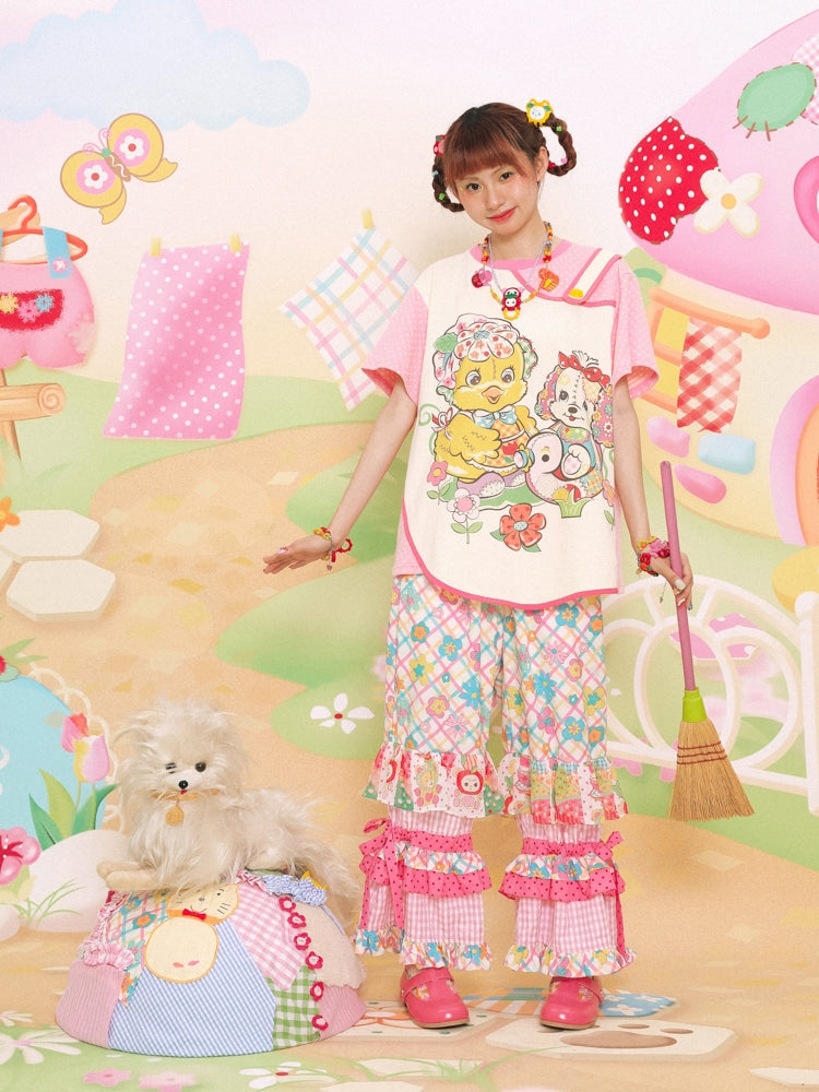 Lutra Jump Pants Patchwork Printed Pants Plaid Pink Elastic Cake Pants pants Lutra Jump