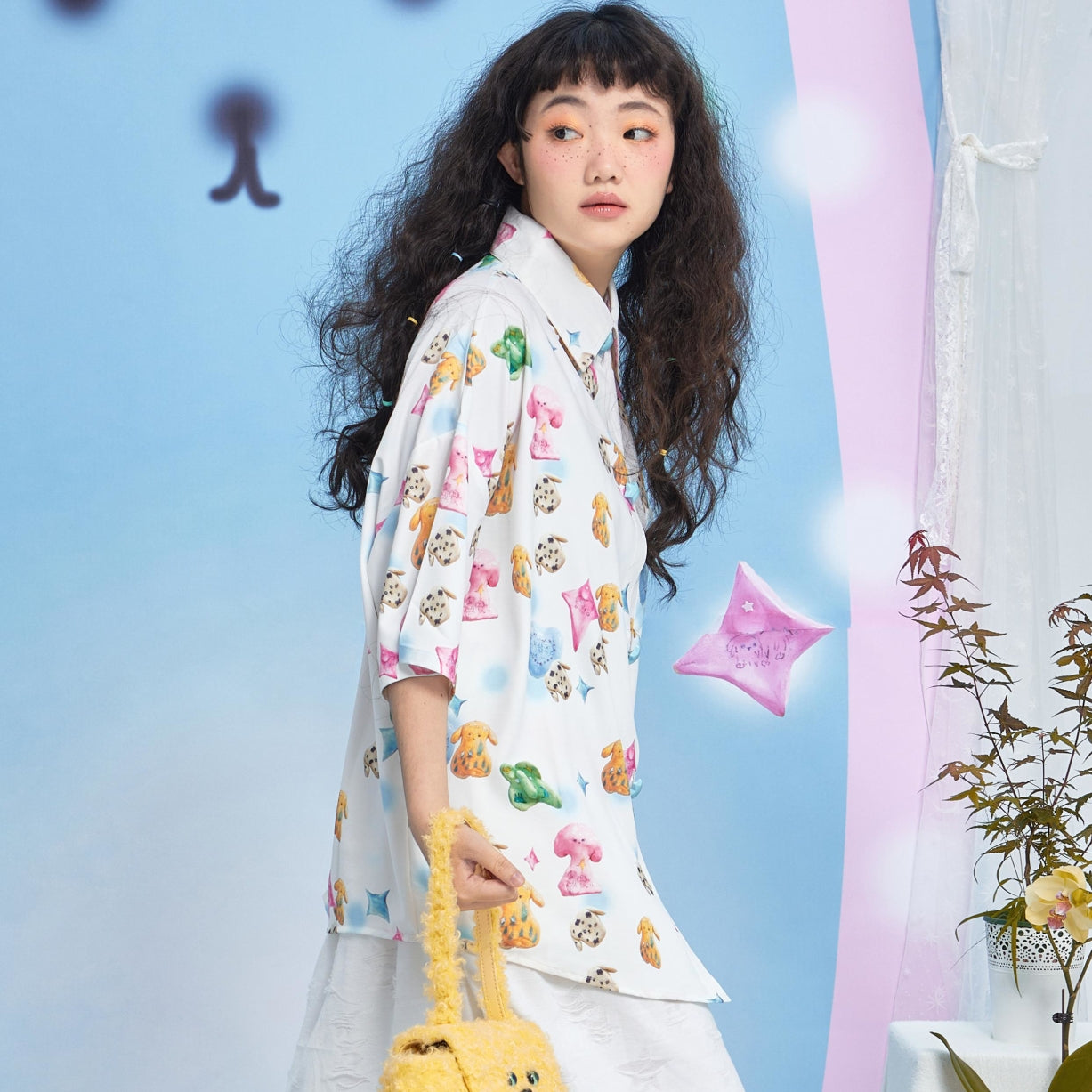Harajuku Shirt White Dog Print Shirt Cute Summer Short Sleeve Shirt shirt Moon Meadow