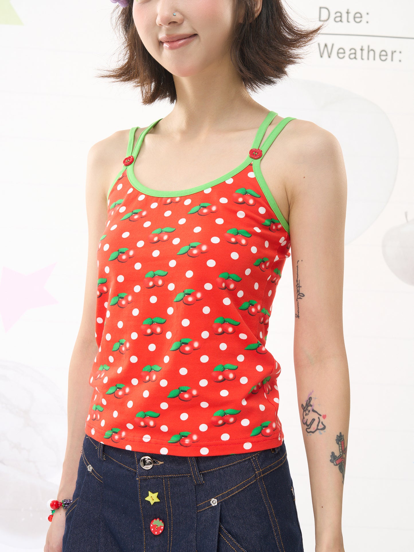 FRUITS Red Cherry Knit Tank Top | Original Cherry Dot Print Camisole camisole Fruits