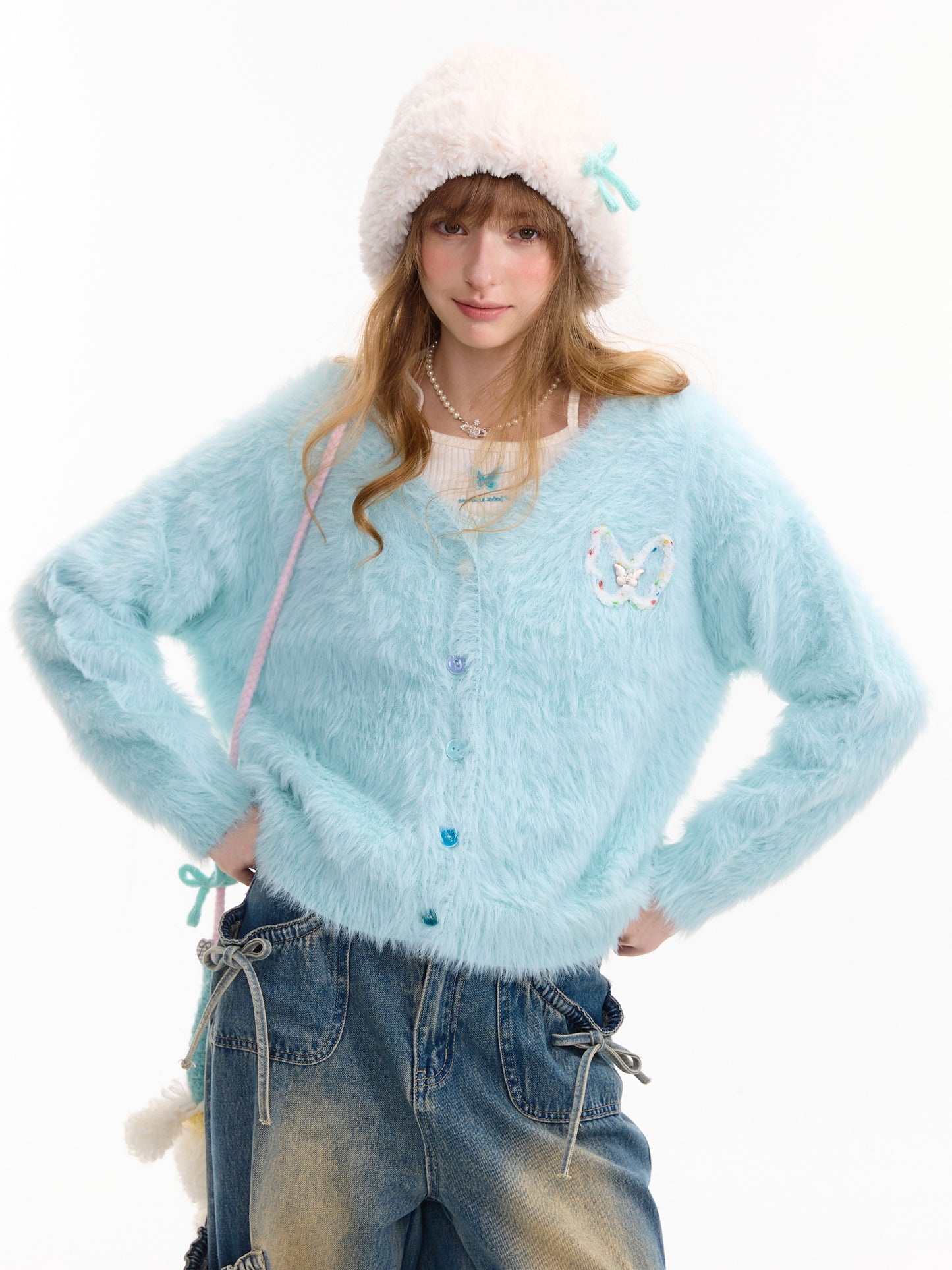 ziziFei - Y2K Soft Plush Butterfly Cardigan with Color Buttons cardigan ziziFei