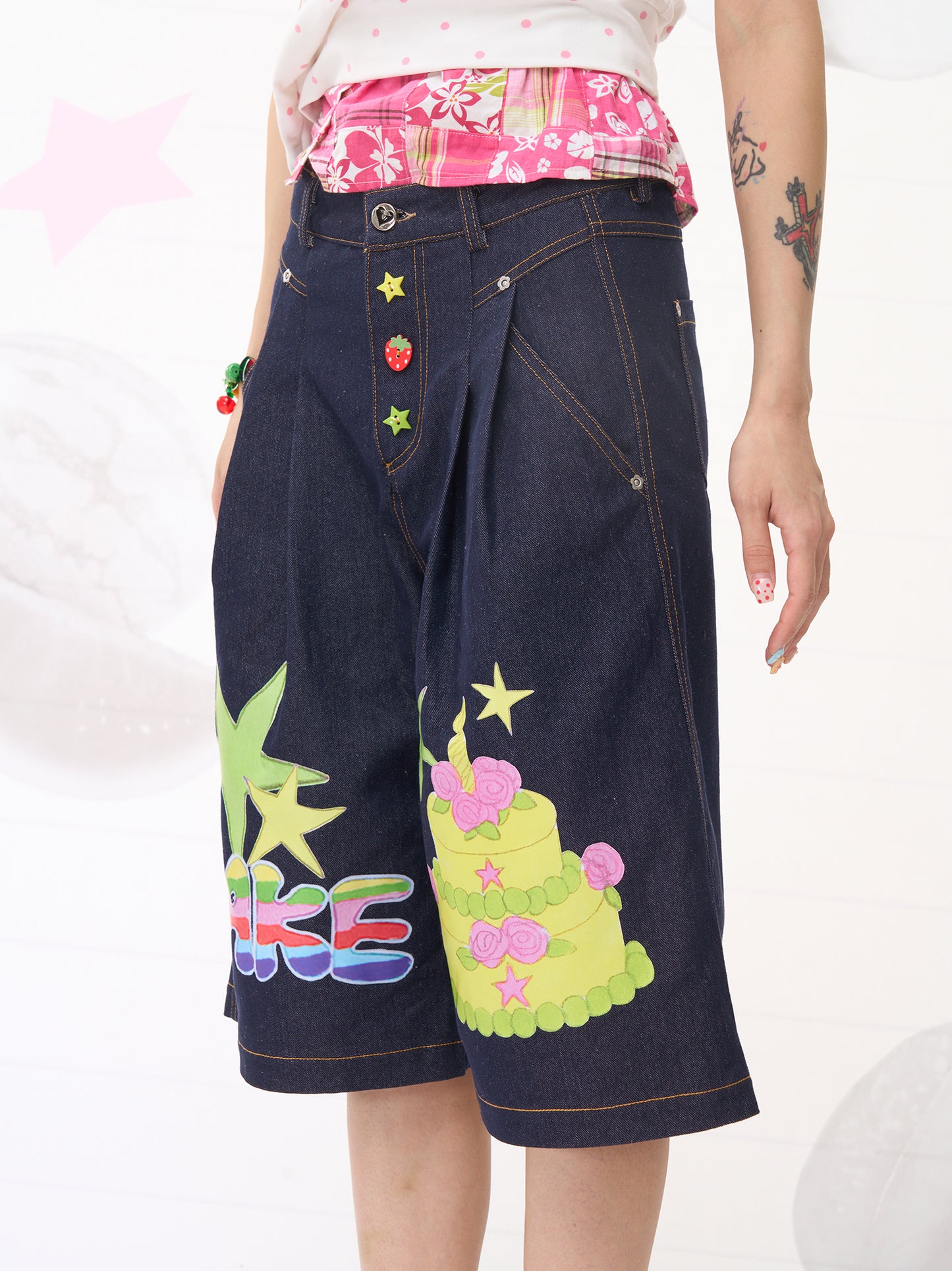 FRUITS Fun Cake Star Print Pants | Wide-Leg Denim Shorts pants Fruits