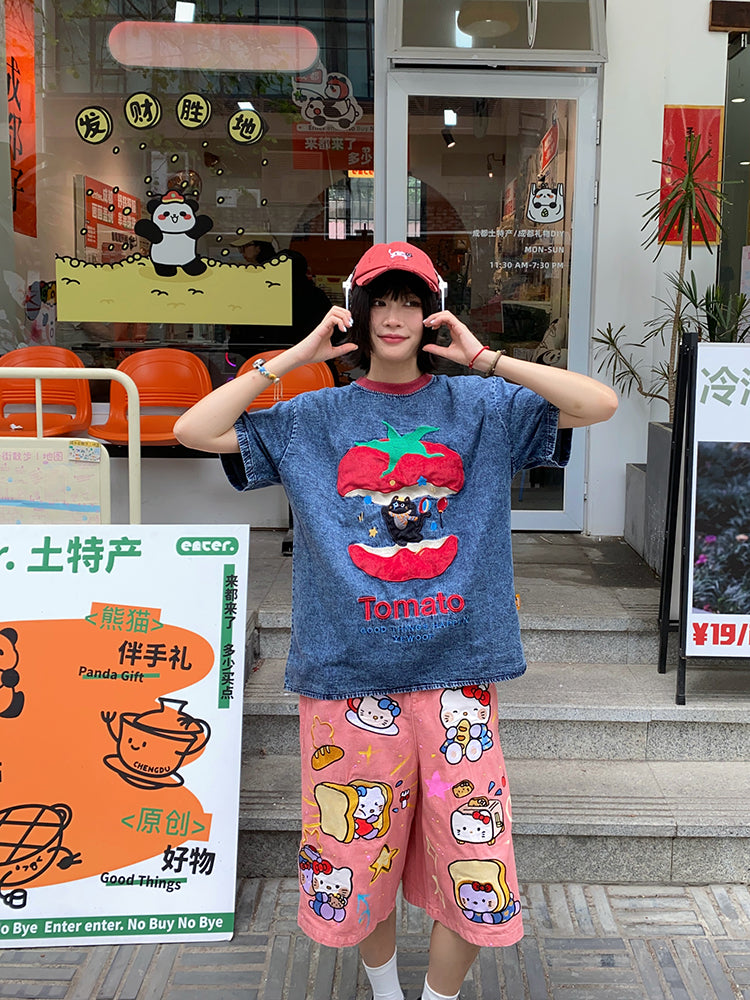 BIBULU - Kidcore Embroidered Cat Apple Tee Oversized tshirt BIBULU