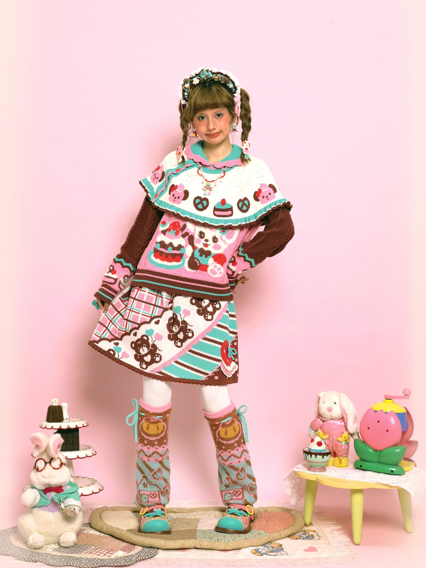 Lutra Jump - Kawaii Bear Stripe Knit Elastic Waist Skirt