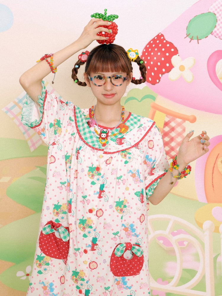 Lutra Jump Dress Strawberry Bear Dress Green Plaid Loose-Fit Dress dress Lutra Jump