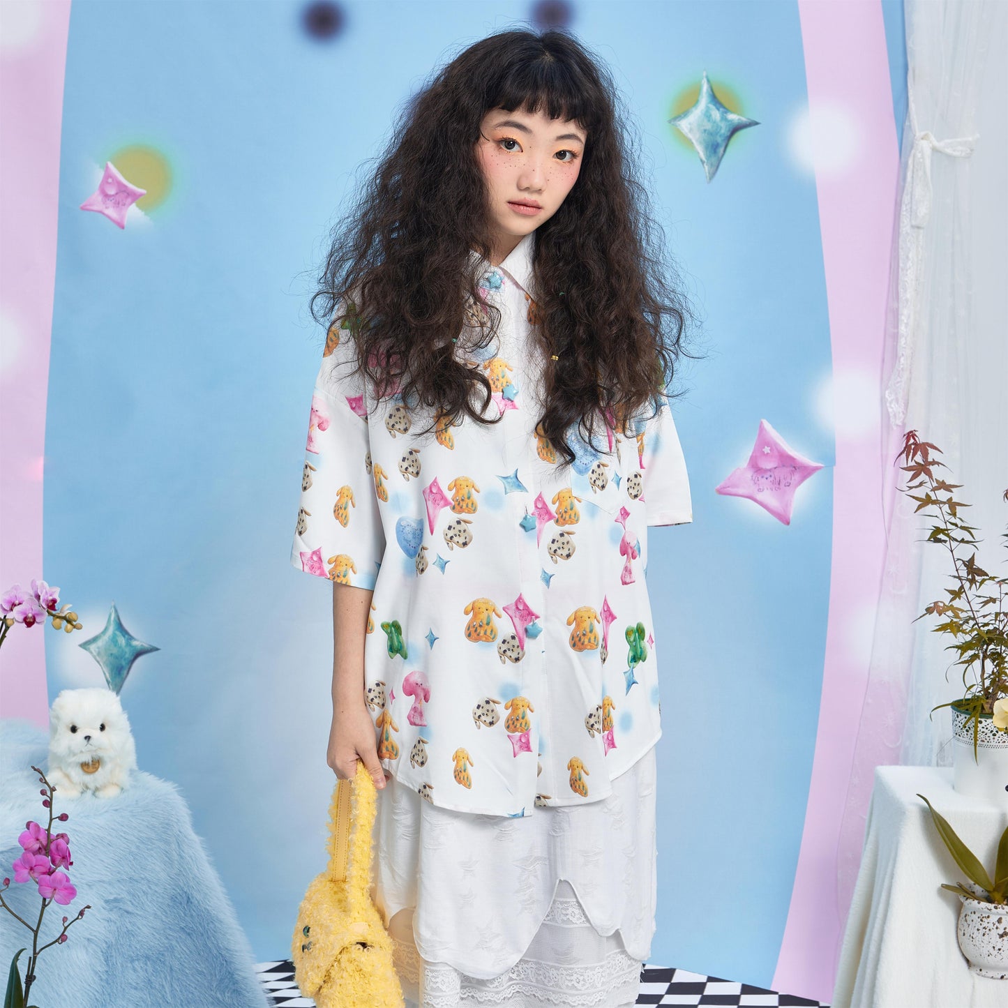 Harajuku Shirt White Dog Print Shirt Cute Summer Short Sleeve Shirt shirt Moon Meadow
