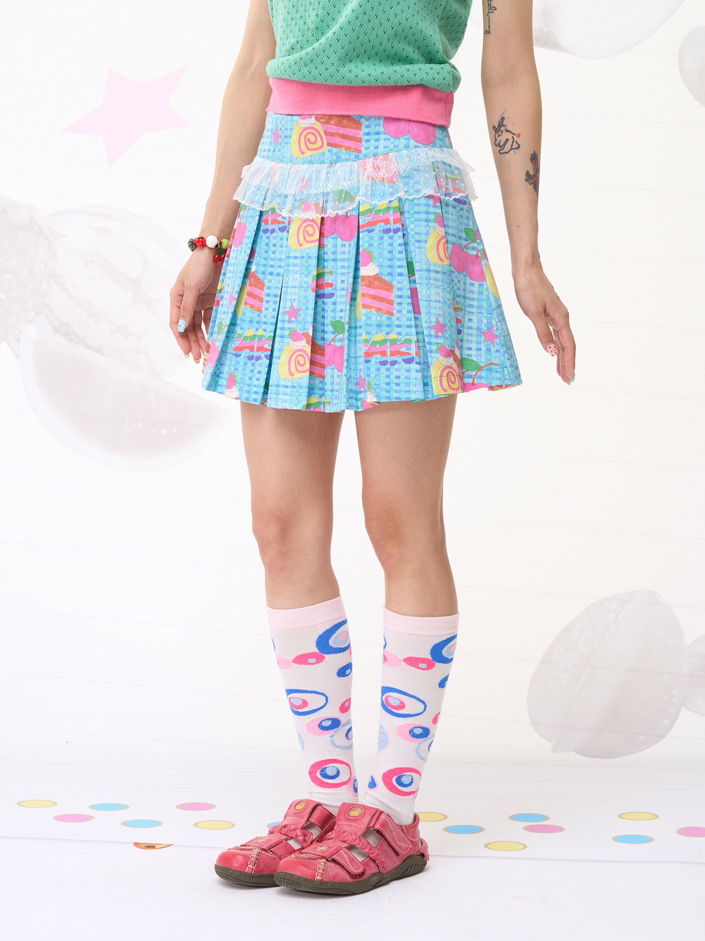 FRUITS Strawberry Cake Blue Pleated Skirt | Cute Lace Trim with Built-in Shorts skirt Fruits