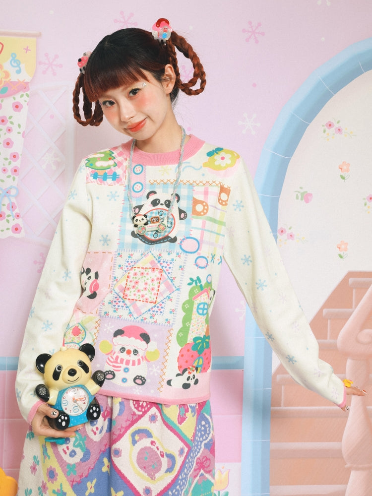 Lutra Jump Sweater Panda Snowflake Sweater Cartoon Vintage Round Neck Base Layer sweater Lutra Jump