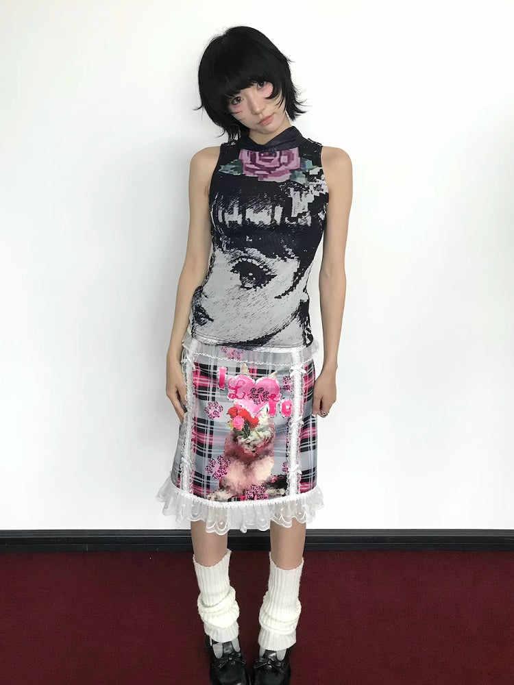 OurHappy Manga Girl Top | Double-Layer Mesh Sleeveless Top | Black & White High-Neck Vest vest Our Happy